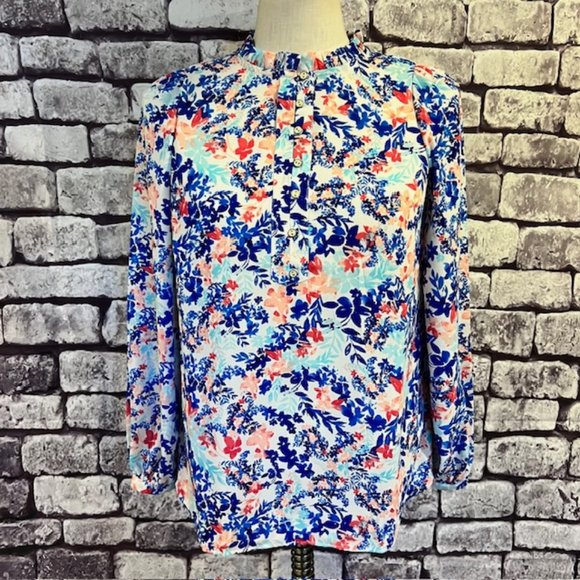 Talbots Tops - Talbots NWT Multicolored Long Sleeve Blouse W/ Ruffled Collar Size SP